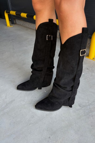 Women's Block Heel Boots with Curved Shaft with Ruching and Buckles Black Caster