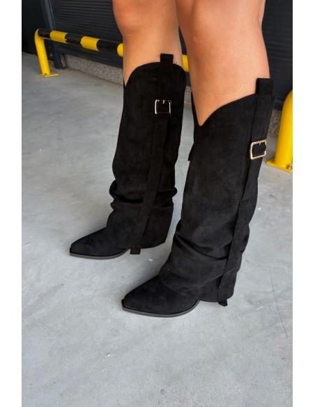 Women's Block Heel Boots with Curved Shaft with Ruching and Buckles Black Caster