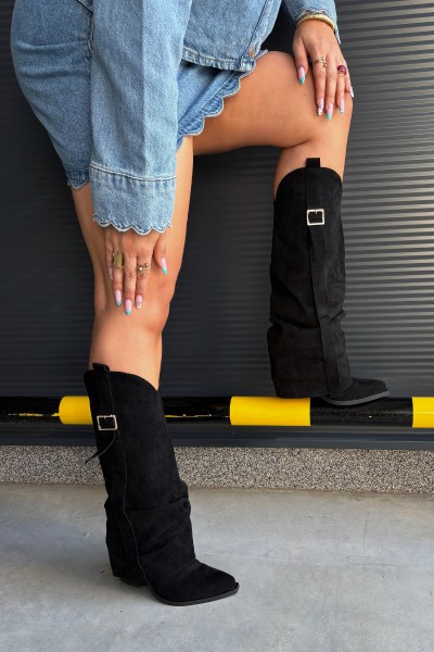 Women's Block Heel Boots with Curved Shaft with Ruching and Buckles Black Caster 2