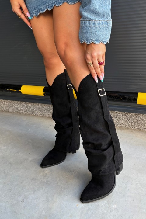 Women's Block Heel Boots with Curved Shaft with Ruching and Buckles Black Caster