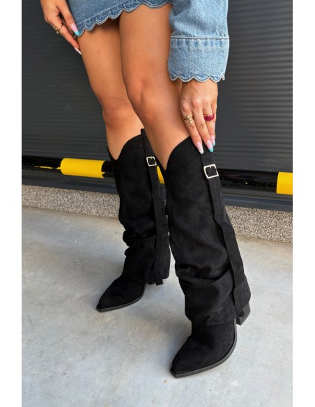 Women's Block Heel Boots with Curved Shaft with Ruching and Buckles Black Caster