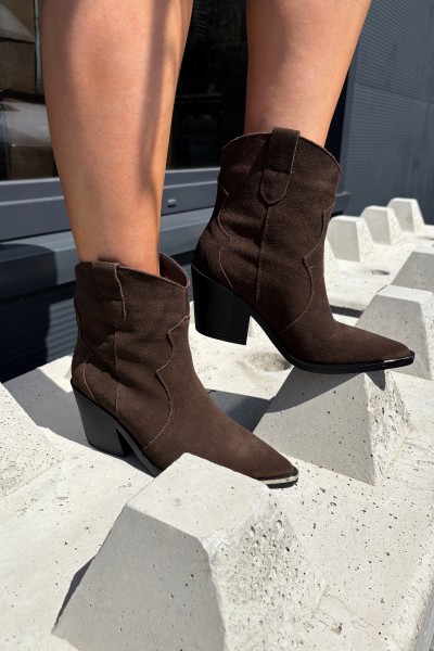 Leather Suede Cowboy Ankle Boots With Heel Lined Brown Pelsa