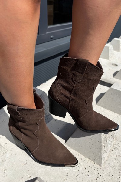 Leather Suede Cowboy Ankle Boots With Heel Lined Brown Pelsa 2
