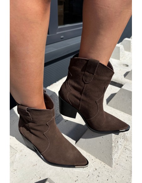 Leather Suede Cowboy Ankle Boots With Heel Lined Brown Pelsa