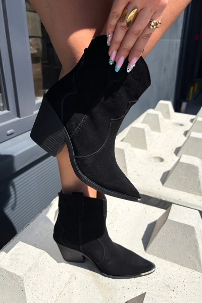 Leather Suede Cowboy Boots with Heel Lined Black Pelsa