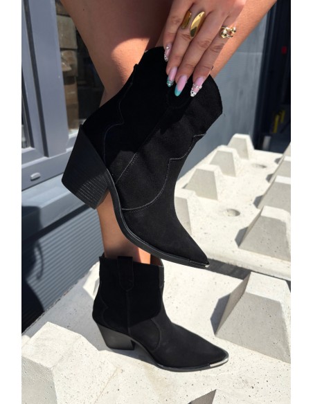 Leather Suede Cowboy Boots with Heel Lined Black Pelsa