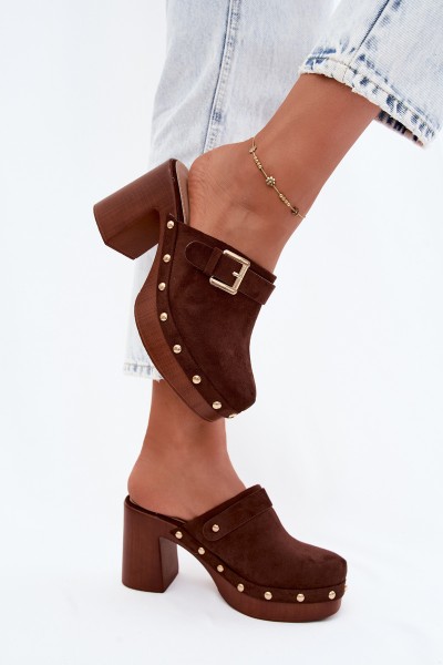 Women's Block Heel Slides With Buckle And Studs Chocolate Lagunelle