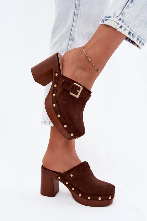Women's Block Heel Slides With Buckle And Studs Chocolate Lagunelle
