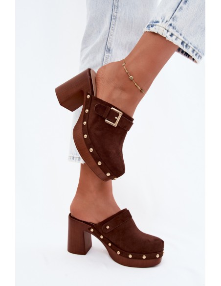 Women's Block Heel Slides With Buckle And Studs Chocolate Lagunelle