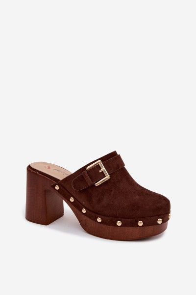 Women's Block Heel Slides With Buckle And Studs Chocolate Lagunelle 2