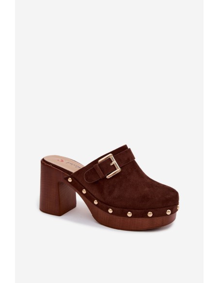 Women's Block Heel Slides With Buckle And Studs Chocolate Lagunelle