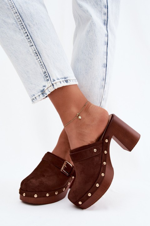 Women's Block Heel Slides With Buckle And Studs Chocolate Lagunelle