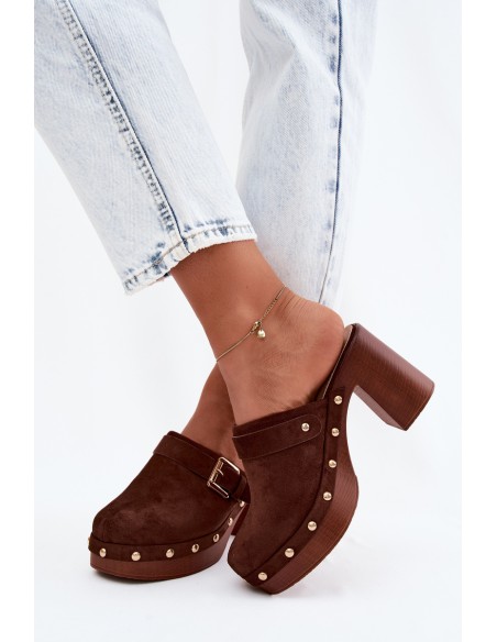 Women's Block Heel Slides With Buckle And Studs Chocolate Lagunelle