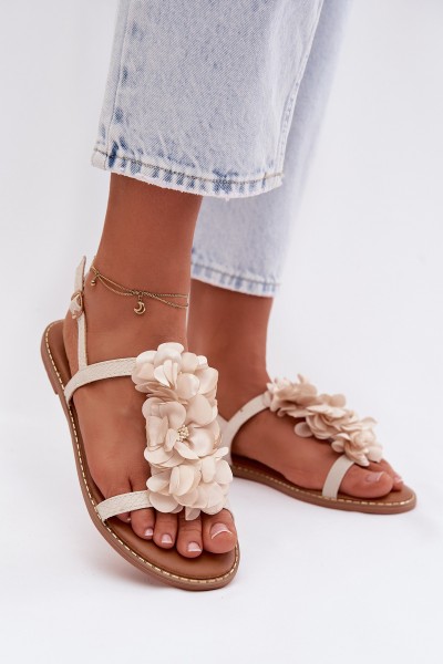 Women's Flat Sandals With Decorative Flowers Jasnobeżowe Noemia
