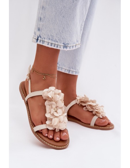Women's Flat Sandals With Decorative Flowers Jasnobeżowe Noemia
