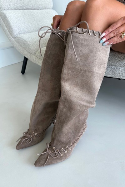 Beige Zamszowe Kitten Heel Boots With Decorative Lacing Juletta 2