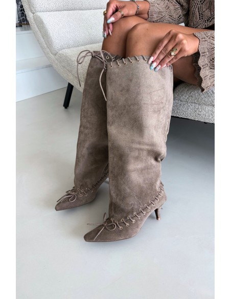 Beige Zamszowe Kitten Heel Boots With Decorative Lacing Juletta