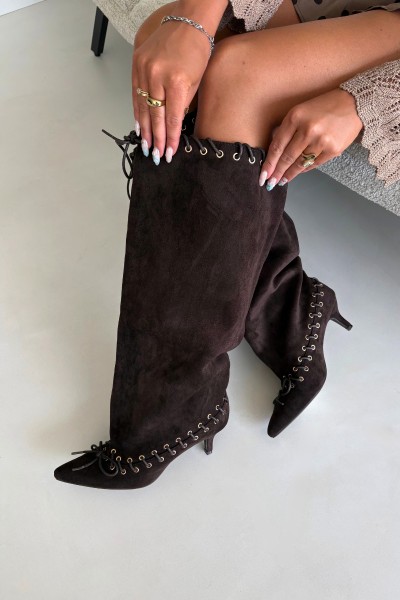 Chocolate Brown Suede Kitten Heel Boots With Decorative Lacing Juletta