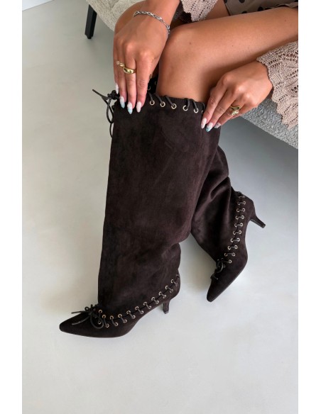 Chocolate Brown Suede Kitten Heel Boots With Decorative Lacing Juletta