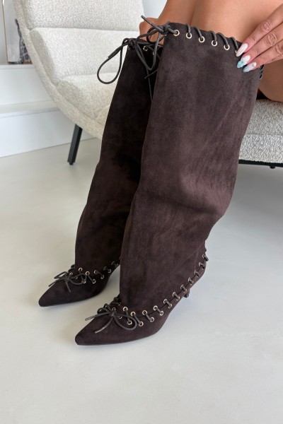 Chocolate Brown Suede Kitten Heel Boots With Decorative Lacing Juletta 2