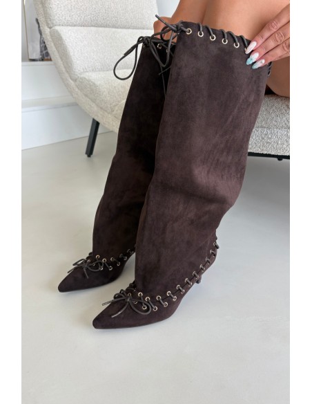 Chocolate Brown Suede Kitten Heel Boots With Decorative Lacing Juletta