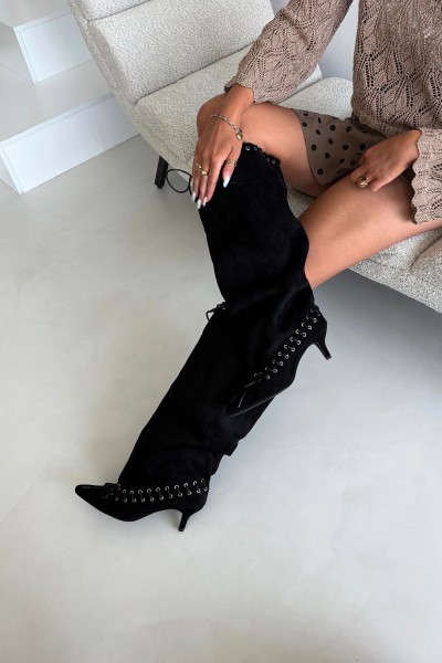 Black Suede Kitten Heel Boots With Decorative Lacing Juletta