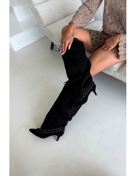 Black Suede Kitten Heel Boots With Decorative Lacing Juletta