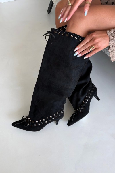 Black Suede Kitten Heel Boots With Decorative Lacing Juletta 2