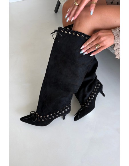 Black Suede Kitten Heel Boots With Decorative Lacing Juletta