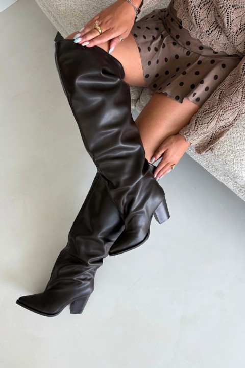 Women's Block Heel Slip-On Eko Leather Chocolate Brown Anica Boots