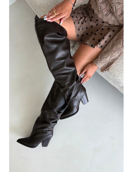 Women's Block Heel Slip-On Eko Leather Chocolate Brown Anica Boots
