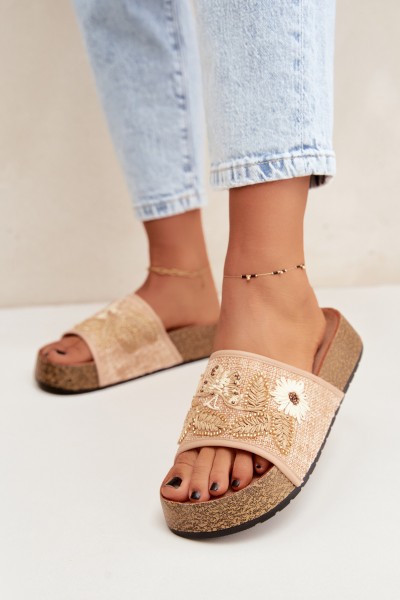 Women's Beige Cork Platform Slides With Embellishment Ledina