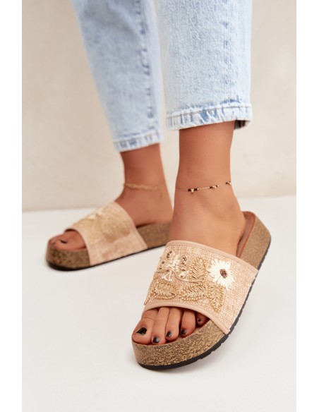 Women's Beige Cork Platform Slides With Embellishment Ledina