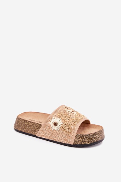Women's Beige Cork Platform Slides With Embellishment Ledina 2