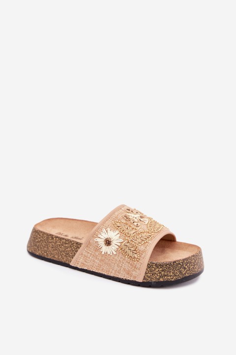 Women's Beige Cork Platform Slides With Embellishment Ledina
