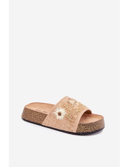 Women's Beige Cork Platform Slides With Embellishment Ledina