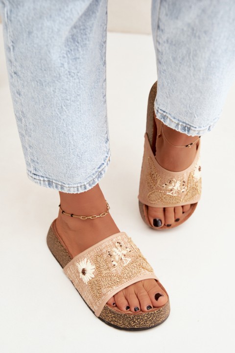 Women's Beige Cork Platform Slides With Embellishment Ledina