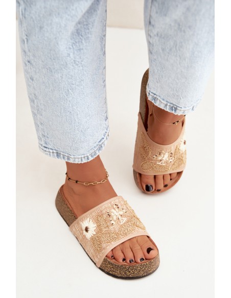 Women's Beige Cork Platform Slides With Embellishment Ledina