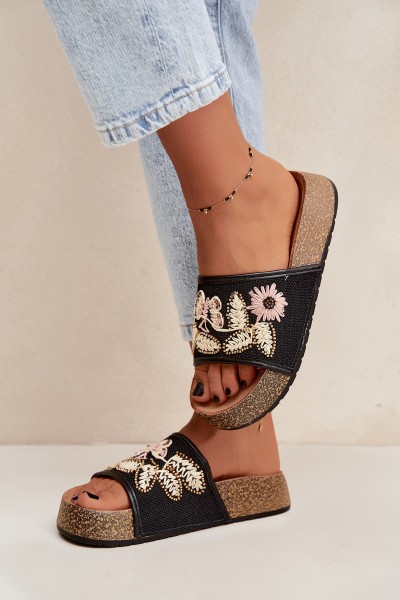 Women's Cork Platform Sandals With Embellishments Black Ledina