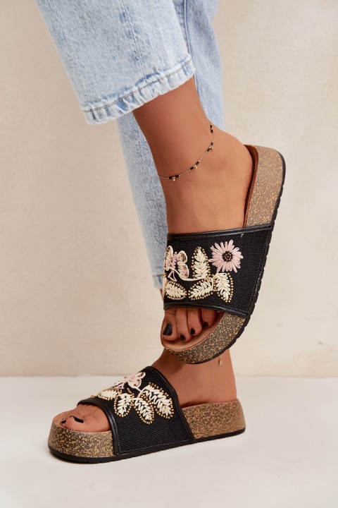 Women's Cork Platform Sandals With Embellishments Black Ledina