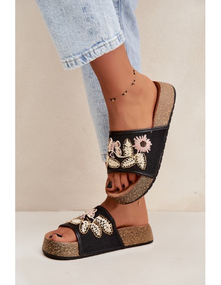 Women's Cork Platform Sandals With Embellishments Black Ledina