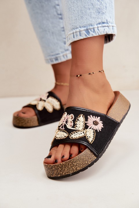 Women's Cork Platform Sandals With Embellishments Black Ledina