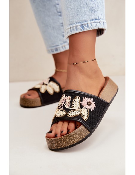 Women's Cork Platform Sandals With Embellishments Black Ledina