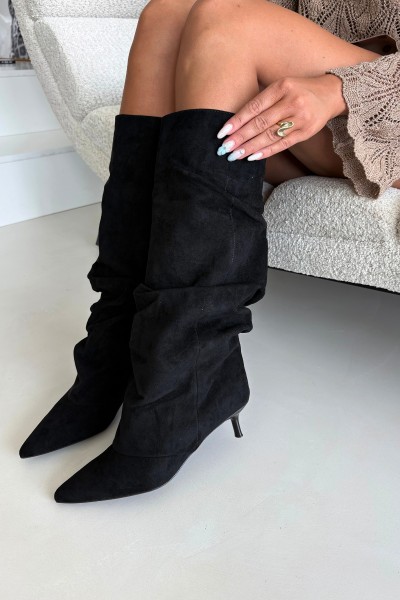 Black Suede Wrinkled Kitten Heel Ankle Boots Lowen