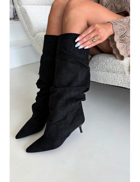 Black Suede Wrinkled Kitten Heel Ankle Boots Lowen