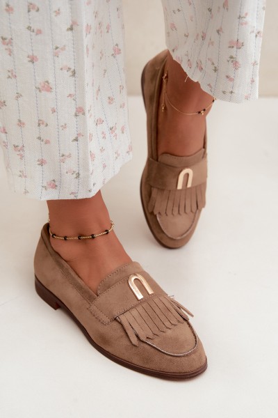 Women's Loafers With Fringes and Gold Detail Dark Beige Brenis