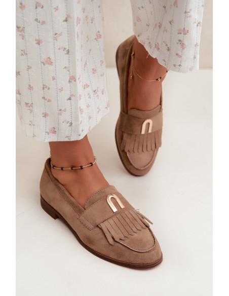 Women's Loafers With Fringes and Gold Detail Dark Beige Brenis