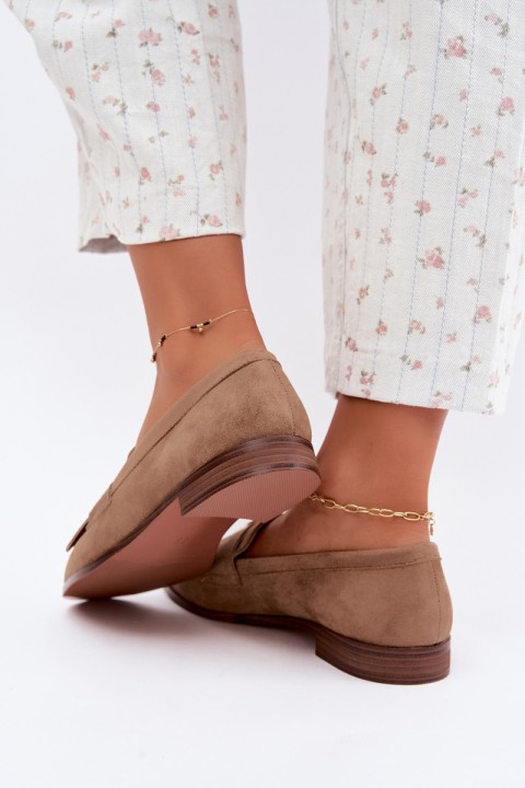 Women's Loafers With Fringes and Gold Detail Dark Beige Brenis