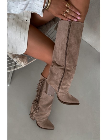 Women's Cowboy Boots With Fringes On A Heel Beige Tivara