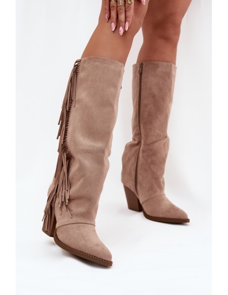 Women's Cowboy Boots With Fringes On A Heel Beige Tivara